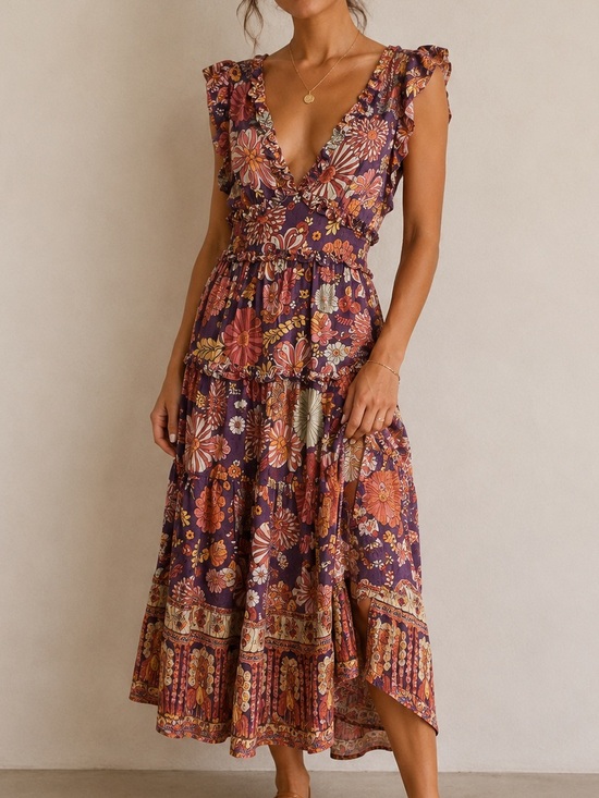 Dresses & Skirts - Boho Floral Tiered Midi Dress - Purple Floral